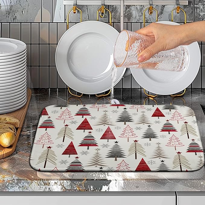 Wnoesat Christmas Dish Drying Mats for Kitchen Counter Xmas Tree Drying Mat Winter Holiday Dishes Drying Pad Microfiber Absorbent Dish Draining Mat Washable Dish Drainer Rack Mat 16x18 Inch