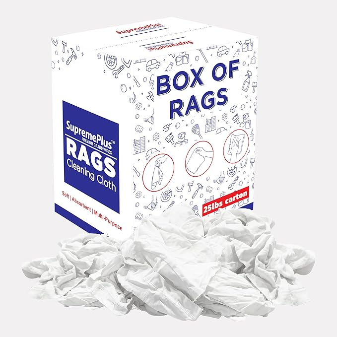 Recycled White T-Shirt Cleaning Rags (25 lbs. Box) – Shop Rags Bulk for Oil, Stain, Grease, Paint, and Auto Cleaning, Multipurpose White Cotton Rag