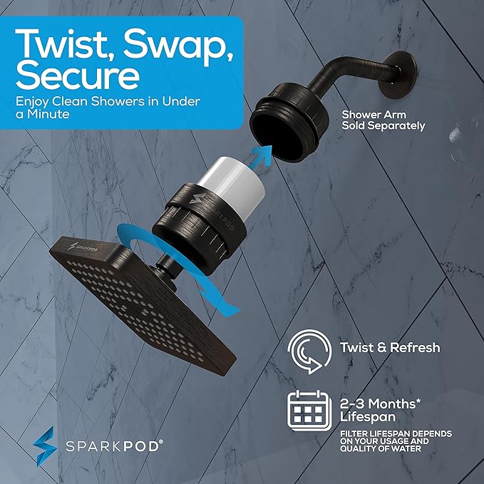 SparkPod Luxury Filtered Shower Head Set 23 Stage Shower Filter - Reduces Chlorine and Heavy Metals - High Pressure Showerhead Filter (6" Square, Vintage Oil-Rubbed Bronze)