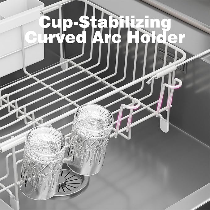 jouzevic Dish Drying Rack in Sink: Expandable, 3-Slot Utensil Holder, Anti-Slip Handle. Small Dish Rack: Ideal for Small Households. Kitchen Drying Rack: White