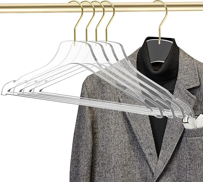 Quality Acrylic Clear Lucite Hangers 5-Pack with Gold Hanging Hooks for Clothes, Pants, Suit Jackets, Coats, and Shirts, Closet and Wardrobe Organization (Matte Gold Hook, 100)