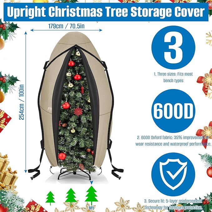 SIRUITON Upright Christmas Tree Storage Bag for 9 ft Tall,Heavy Duty 600D Oxford Fabric Vertical Xmas Storage Bags,Waterproof & Tear-Resistant Christmas Tree Cover with UV Protection