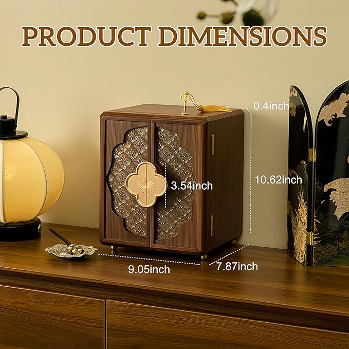 KINTNESS Wooden Jewelry Box With Key, 5 Layers Lockable Large Jewelry Organizer for Women Girls, Walnut Texture for Bracelet, Necklace, Ring