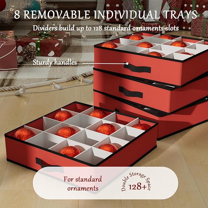 VERONLY Christmas Ornament Storage Box with 8 Trays, Christmas Storage Container for 128-3'' Holiday Ornament Decorations, Large Xmas Organizer with Adjustable Dividers, Dual Zipper and Pocket