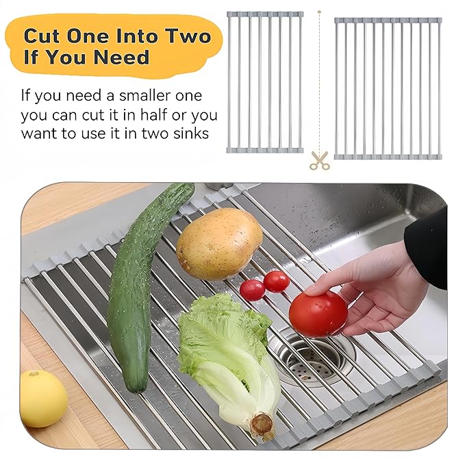 Sayehuanye Roll Up Dish Drying Rack, 17.7" x 11.8" Over The Sink Dish Drying Rack, Kitchen Dish Rack Foldable Dish Drainer, Stainless Steel Dish Drying Rack for Kitchen Sink Counter Storage (Grey)