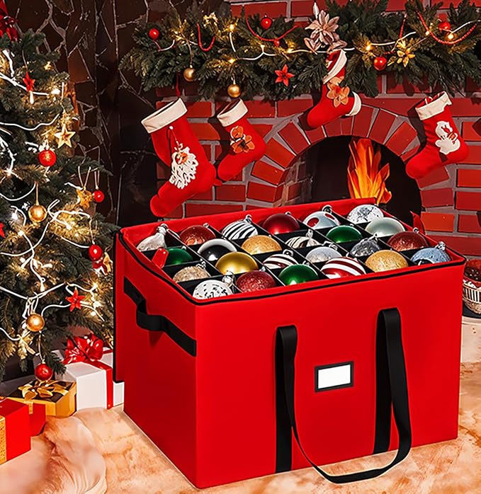 Christmas Ornament Storage Container,Box Stores Up to 96, Adjustable Dividers, Large Organizer Bin to Protect and Store Holiday Décor