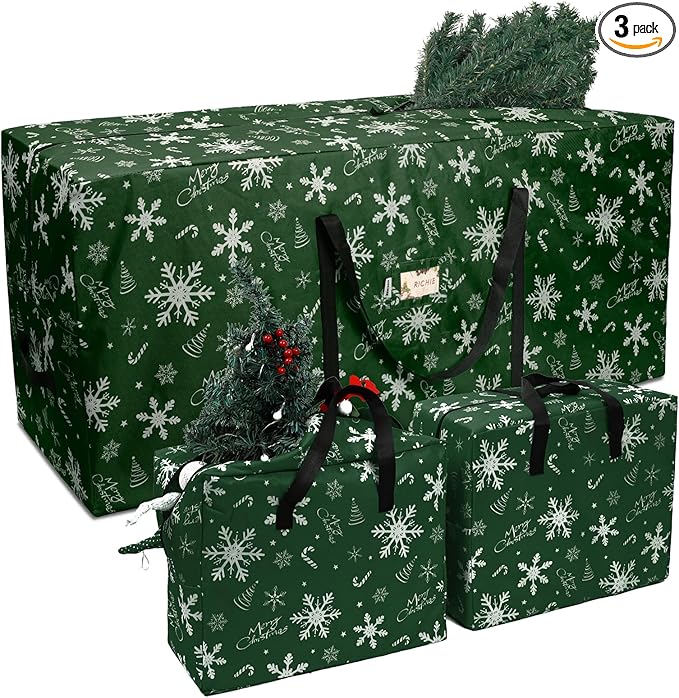 Christmas Tree Storage Bag 7.5 ft (3pc Set), 600D Oxford Tear-proof Xmas Tree Bag, Fits Up to 7 Foot Artificial Trees, Reinforced Handles&Zippered&Durable, Holiday Decoration Storage Bag, Green