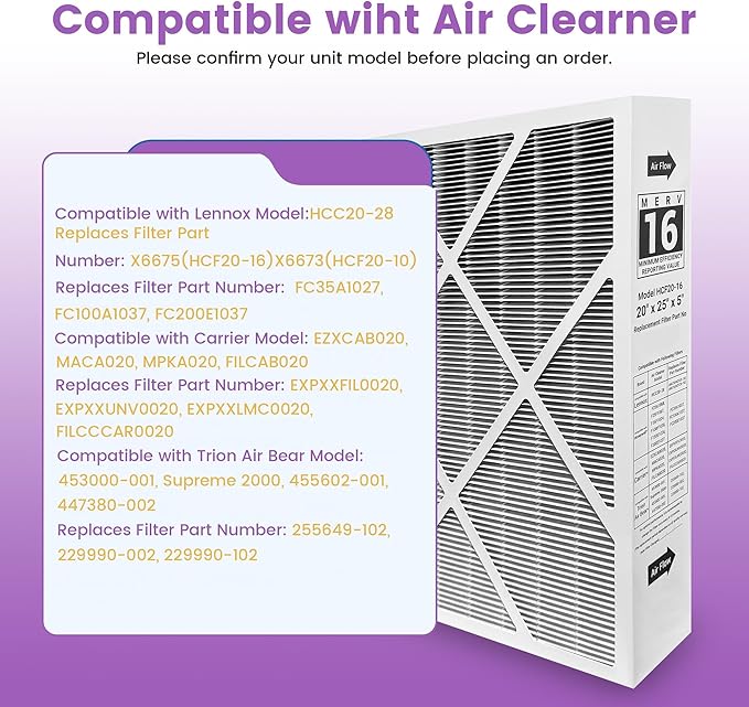 （2 Pack）6675 20x25x5 MERV 16 Air Filter Compatible with Lennox HCC20-28 and Lennox 6675 Healthy Climate Carbon Clean MERV 16 Furnace Filter for HVAC System, Part Number HCF20-16&HCF20-10