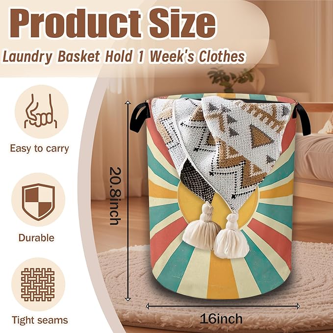 Groovy Retro Sun Laundry Baskets,Laundry Hamper,Storage Basket with Handles for Bathroom Bedroom College Dormitory Living Room Nursery Organizer 16"x20.8"