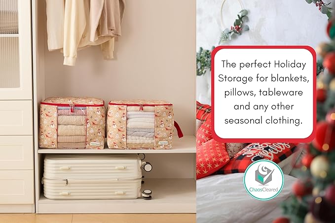Canvas Storage Bags Designer Organizer 2 Pack – Seasonal Storage for Sweaters, Blankets, Linens & Garments – Foldable Design with Zip & Window, Moth-Proof Space Saver, Snowman Print