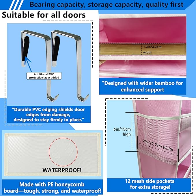 over the door organizer, Solid Bamboo Board (Not Plastic!) 6-Tier Heavy Duty 75LB, 12 Side Pockets, 3 Reinforced Hooks & Anti-Slip Pads, Waterproof & Washable, No Sagging, No Door Damage,Pink