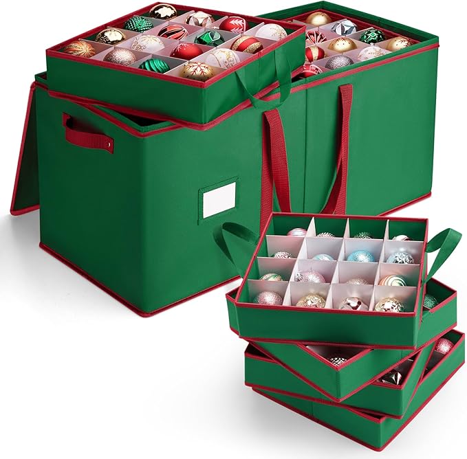 MaidMAX Christmas Ornament Storage Box Holiday Decoration Organizer, 128 Christmas Ball Accessories Holder with Adjustable Dividers, 8 Removable Trays, 600D Oxford, Zippered Closure (Green)
