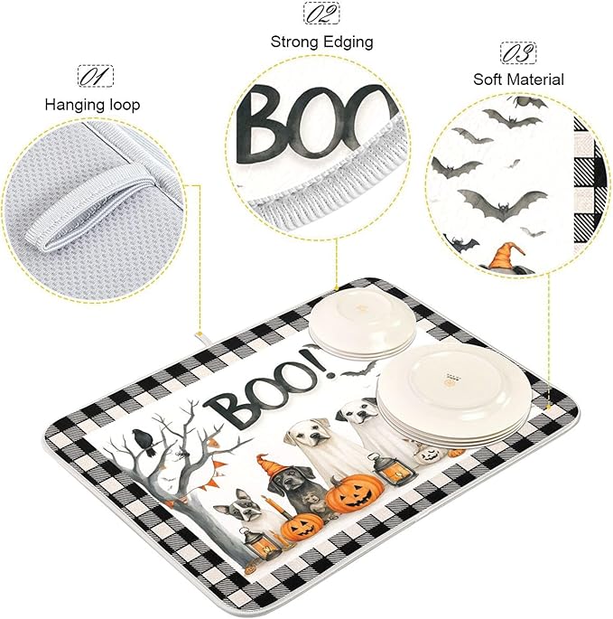 Halloween Dogs Dish Drying Mat for Kitchen Countertop 18x24 Raven Bat Pumpkin Black Buffalo Plaid Large Drying Mat Reusable Quick Dry Dish Sink Mats Easy Clean Decorative Essentials
