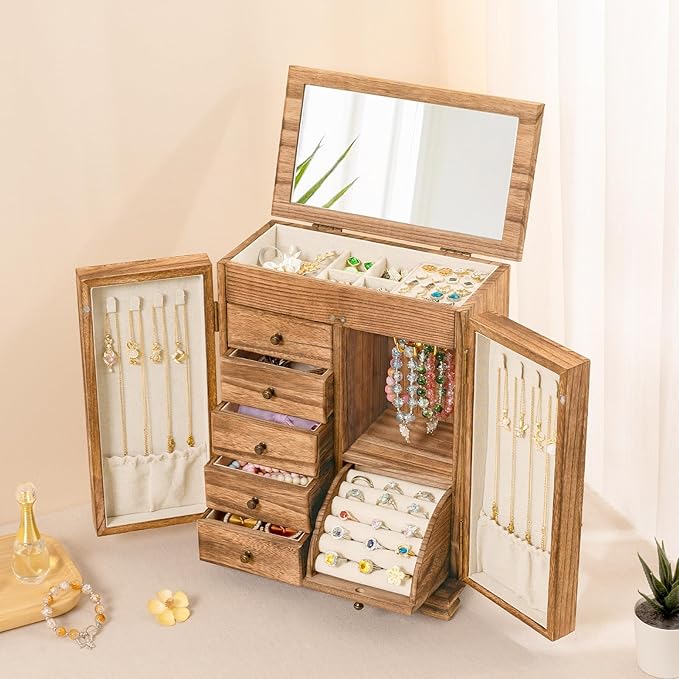 Jewelry Box Organizer, Farmhouse Wooden Jewelry Boxes for Women Girls, 6 Layer Jewelry Case Storage with Bracelet Holder Display Hooks for Necklaces Earrings Rings Bracelets (Carbonized Brown)