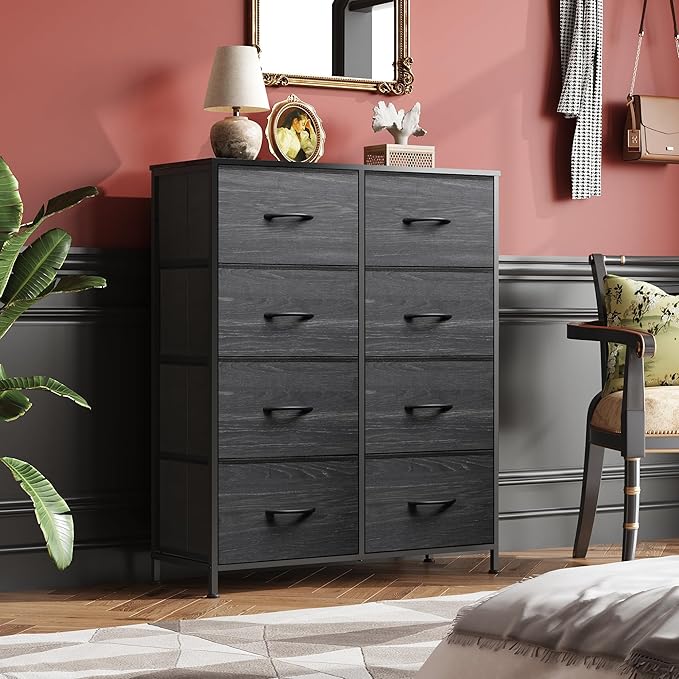 WLIVE Fabric Dresser for Bedroom, Tall Dresser with 8 Drawers, Storage Tower with Fabric Bins, Double Dressers, Chest of Drawers for Closet, Living Room, Dormitory, Charcoal Black Wood Grain Print