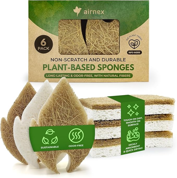 AIRNEX Natural Kitchen Sponges (6 Pack) - Biodegradable Cellulose & Coconut Scrubber Dish Sponge for Kitchen - Eco-Friendly, Non Scratch, Compostable, Non Toxic Leaf Shaped Natural Sponges for Dishes