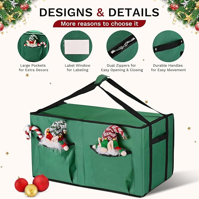 Christmas Ornament Storage Box, Ornament Organizer with 8 Removable Trays and Adjustable Dividers Holds 128 Pcs Decoration Balls, Dual Zipper for Christmas Ornament Storage (Green)