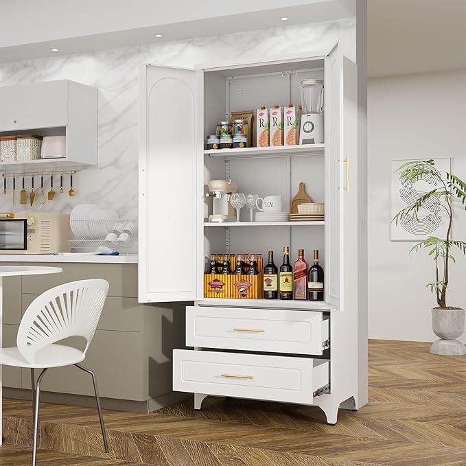 Metal Storage Cabinet with Doors and Shelves, 75" Tall Kitchen Pantry Storage Cabinets with 2 Drawer, White Food Pantry, Steel Office Cabinet, Large Cupboard, for Kitchen, Dining, Living Room