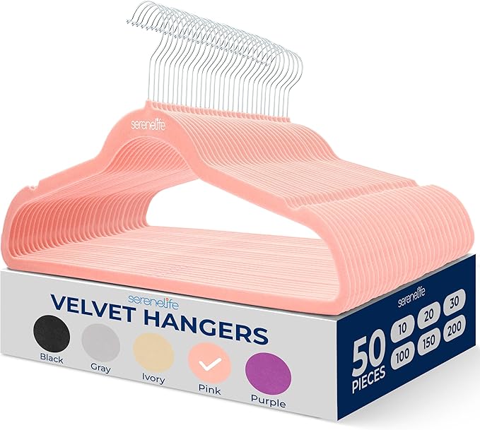 SereneLife 50 Pack Velvet Hangers - Non-Slip, 360° Swivel Hook - Ultra-Thin, Lightweight Velvet Hangers for Shirts, Sweaters, Hoodies, Kids Clothes & Dresses - Space-Saving