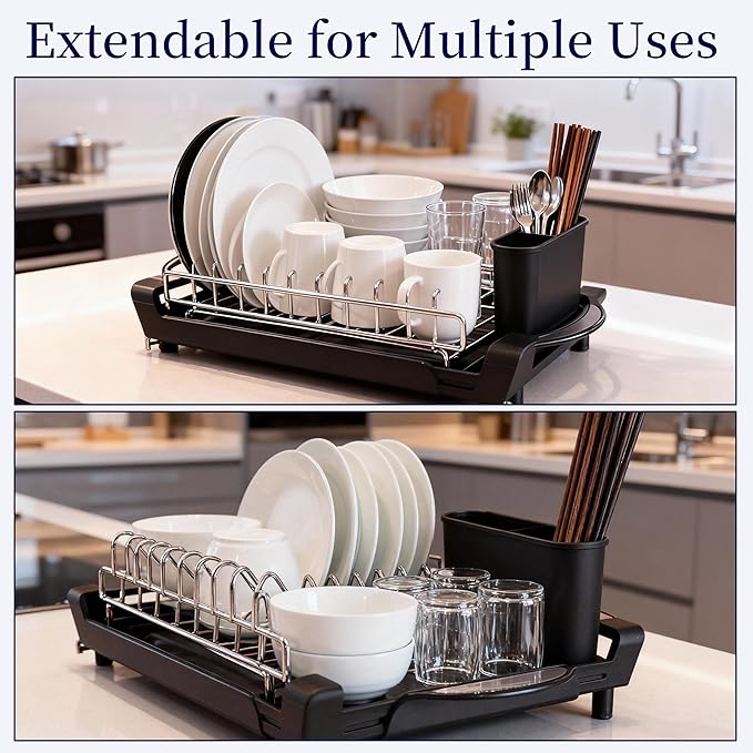 PINCHENG Dish Drying Rack Compact Expandable Double-Decker: Stainless, Rust-Proof, fits Kitchens/Apartments, extends 11.42"-19.9" (Black).
