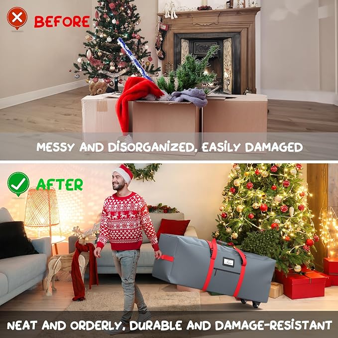 Mrrihand Christmas Tree Storage Bag, Large Artificial Anti-Tear Heavy-Duty 600D Oxford Cloth Xmax Christmas Tree Storage Box with Rolling Wheels, Christmas Tree Storage Container (Grey&Red, 9Ft)