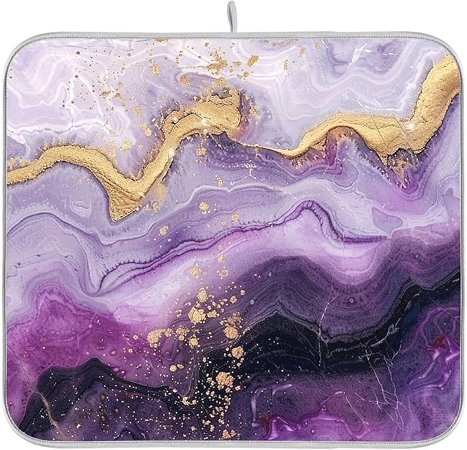Marble Purple Gold Dish Drying Mat for Kitchen Countertop 16x18 Tie Dye Rectangle Small Drying Mat Reusable Quick Dry Dish Sink Absorbent Mats Dishwasher Easy Clean Decorative Home Decor Essentials