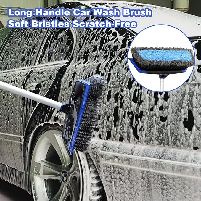 ANCLO 62'' Car Wash Brush with Long Handle, Scratch-Free Car Wash Mop Kit with Wheel Tire Brush, Wash Mitt Towel, Windshield Squeegee, Car Cleaning Brush Kit for Cars RV Truck Boat