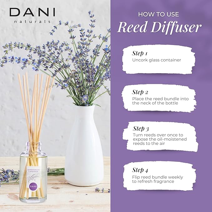 DANI Naturals Reed Diffuser Set - Calming Lavender Lemongrass Scent - Aromatherapy Essential Oils - Alcohol-Free, Non-Toxic - 10 Sticks - 3.5 oz
