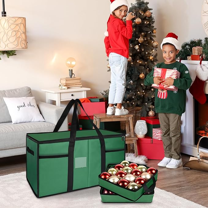 Christmas Ornament Storage Box with Dividers, Christmas Balls Storage Containers with Zipper & 8 Removable Trays, Holds Up to 128 Balls - 600D Oxford Christmas Decoration Storage Organizer (Green)
