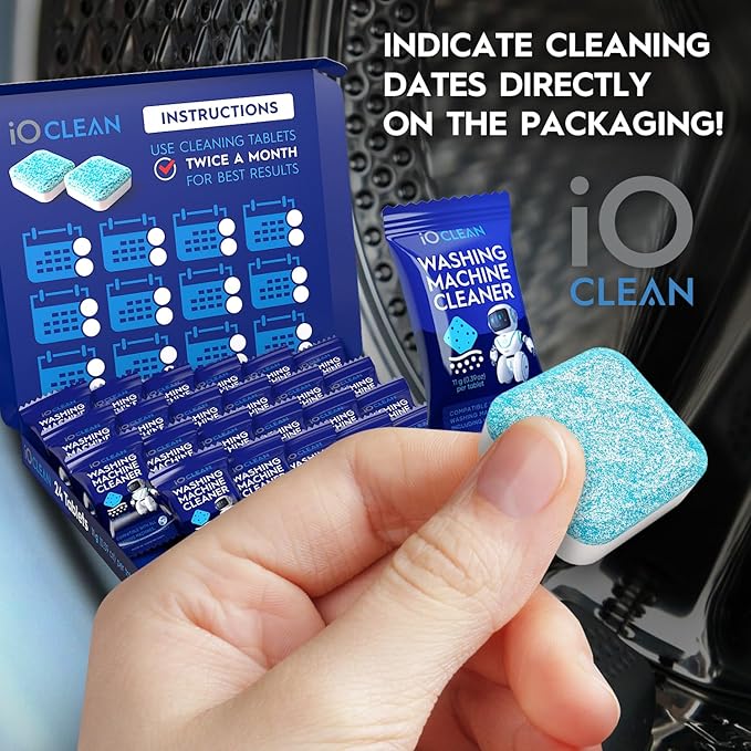 iO CLEAN Washing Machine Cleaner Descaler Tablets, 24 Count (1 Year Supply) – Deep Clean Washer Cleaner Tablets for HE Front Load & Top Load – Unscented Washing Machine Descaler for Odor Control
