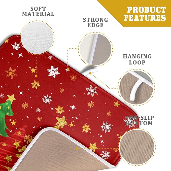Christmas Dish Drying Mat 16 x 18 Inches Winter Red and Green Absorbent Reversible Microfiber Mats for Tree and Snowflake Pattern Dish Rack Pad Drainer Mat for Coffee Bar Decor