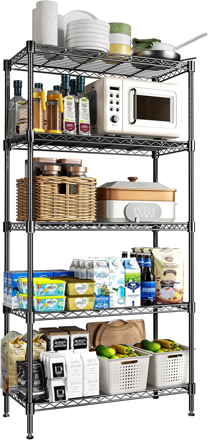 RackBro 72" H Storage Shelves 5 Tier Wire Shelving with Shelf Liners, Adjustable Metal Garage Shelving, 1325LBS Heavy Duty Commercial Storage Rack for Pantry Kitchen, 35" W x 16" D x 72" H, Black