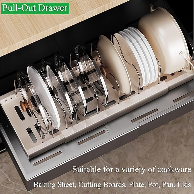 LICRUGU Pots and Pans Organizer Under Cabinet 10 Adjustable Dividers Expandable Pot Pan Lid Holder Organizers Rack inside Cabinet for Kitchen Storage Cookware, Cutting Boards, Lid, Dishes,White