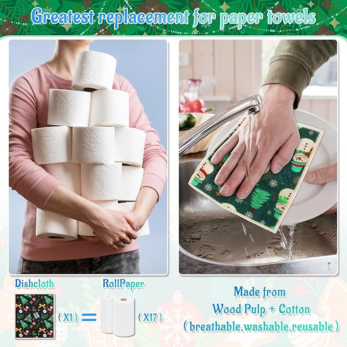 Lucomb 8 Pack Christmas Swedish Dishcloths Reusable, Kitchen Sponges Soft Absorbent Dish Towels Swedish Dish Cloths Washable Decorative for Kitchen Washing Dishes Bathroom Office Hand Towel Cleaning