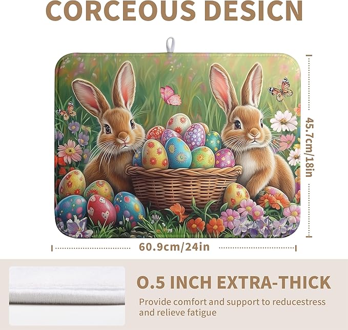 Wnoesat Easter Bunny Eggs Dish Drying Mat for Kitchen Counter 18x24 Inch Spring Easter Rabbit Flowers Large Drying Mat Microfiber Dish Drainer Rack Mats Absorbent Reversible Dishes Pad Dish Dryer Mat