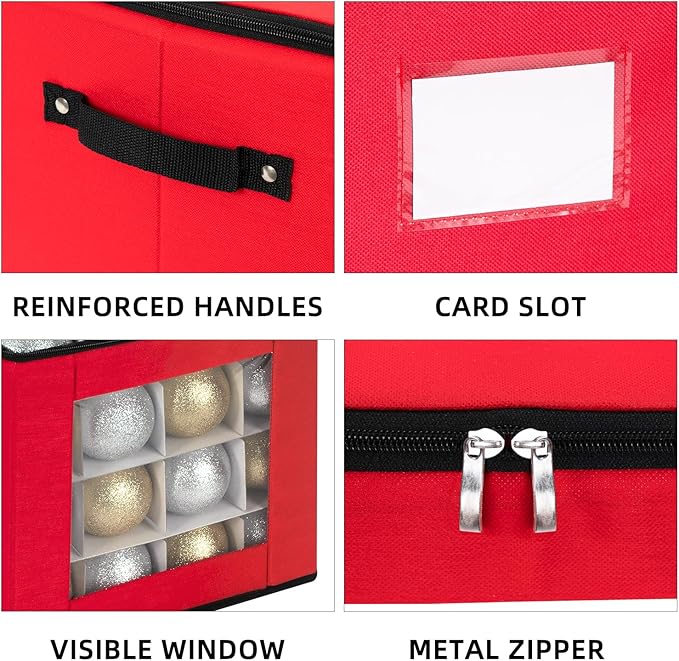 JY COOKMENT Christmas Ornament Storage Box with Adjustable Dividers, Premium Holiday Ornaments Storage Container Bin with Zippered Top for Xmas Decorations (64-3" Balls, Red, Without Tray)