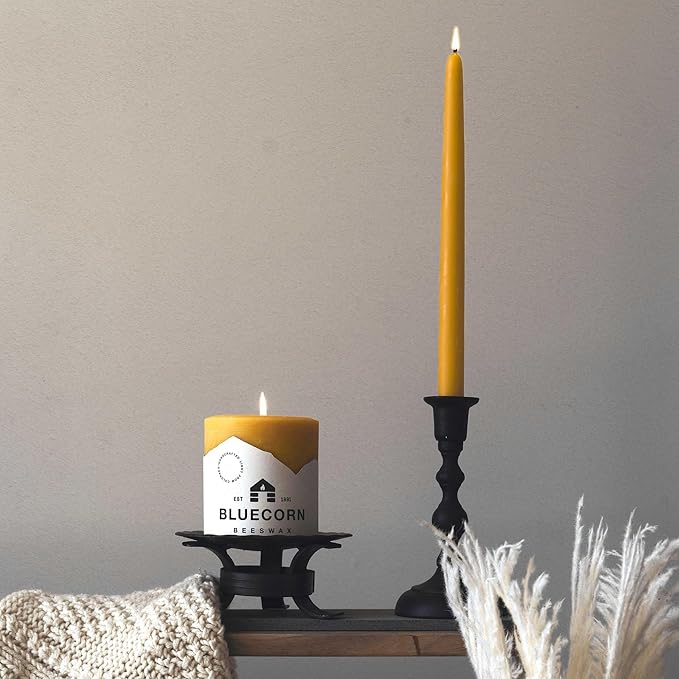 Bluecorn Beeswax Taper Candles, 100% Pure Natural Bees Wax, 8 Inch Pair, Yellow Candlesticks, Unscented, Clean Burning & Dripless, Long Lasting, Thanksgiving & Christmas Decor, American Made, 1 Count