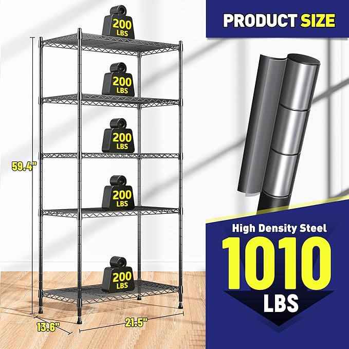Romorgniz 5-Tier Shelf 1010LBS Storage Shelves Adjustable Wire Shelving Metal Shelving Unit Storage Rack for Kitchen Pantry Closet Laundry School Commercial 59.4" Hx21.5 W x13.6 D