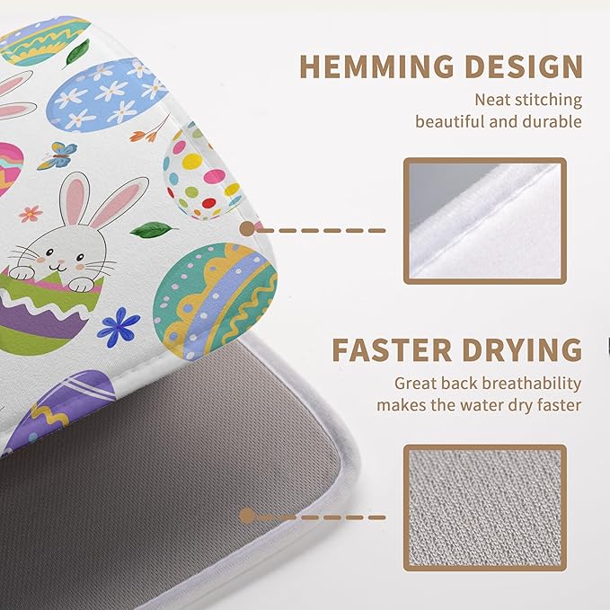 Happy Easter Bunny Dish Drying Mats Spring Floral Dish Mat Easter Cute Rabbit Eggs Drying Matt Dishes Dryer Pad for Kitchen Counter Absorbent Microfiber Washable Foldable Reusable 18x24 in
