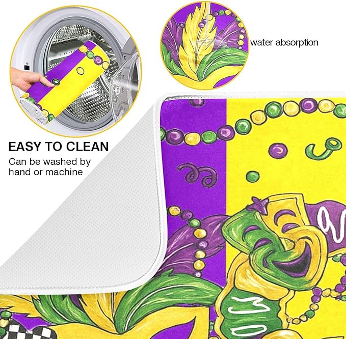 Happy Mardi Gras Dish Drying Mat for Kitchen Countertop 16x18 Fleur de Lis New Orleans Carnival Purple Green Small Drying Mat Reusable Quick Dry Dish Sink Mats Easy Clean Decorative Essentials