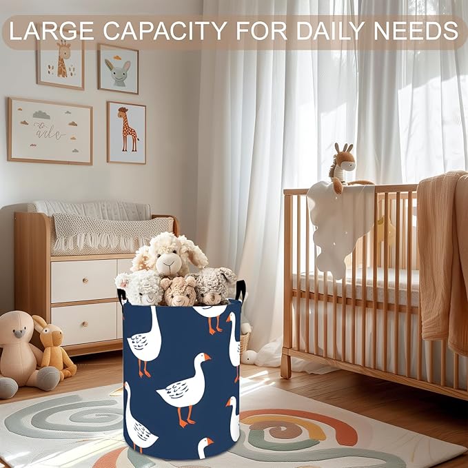 Goose Laundry Basket Hamper 19.7"x15.8", White Goose Foldable Waterproof Oxford Clothes Storage Bucket for Room Bathroom Bedroom Nursery Decor, Toy Organizer Bins Gifts for Kids Boys Girls