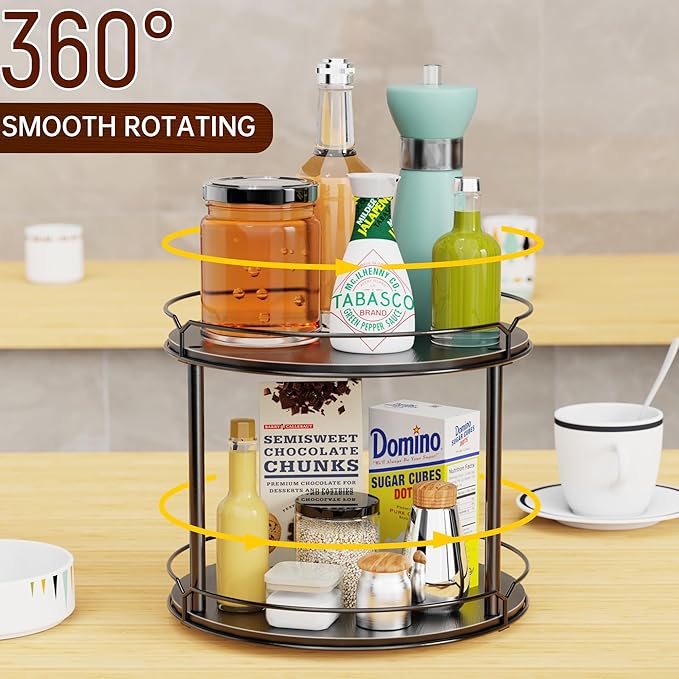 MUTUALUS Lazy Susan Organizer 2 Tier - 12.4" Turntable Spice Rack for Table Top, Wooden Rotating Lazy Susan for Cabinet Pantry Kitchen Countertop Dining Table Cupboard Bathroom Vanity Storage(Black)