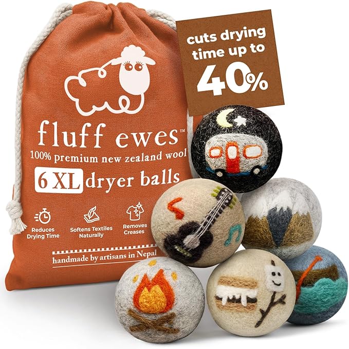 Fluff Ewes Wool Dryer Balls 6 Pack Premium New Zealand Wool Laundry Balls for Dryer, No Static Dryer Balls Laundry Reusable, XL Wool Dryer Balls Cute, Baby Dryer Balls for Dryers - are We There Yet