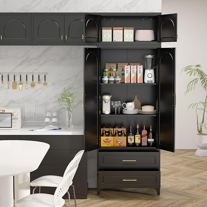 Metal Storage Cabinet with Doors and Shelves, 90" Tall Kitchen Pantry Storage Cabinets with 2 Drawer, Black Pantry Closet, Steel Large Cupboard, High Leveling Feet- Assembly Required