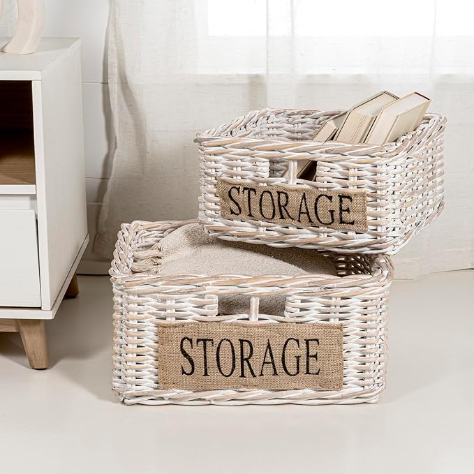 happimess BSK1005A-2SET Reed Southwestern Hand-Woven Rattan Nesting Wicker Storage Baskets with Handles, Seagrass Container for Decoration in Bedroom, Closet, White Wash/Kubu Gray (Set of 2)