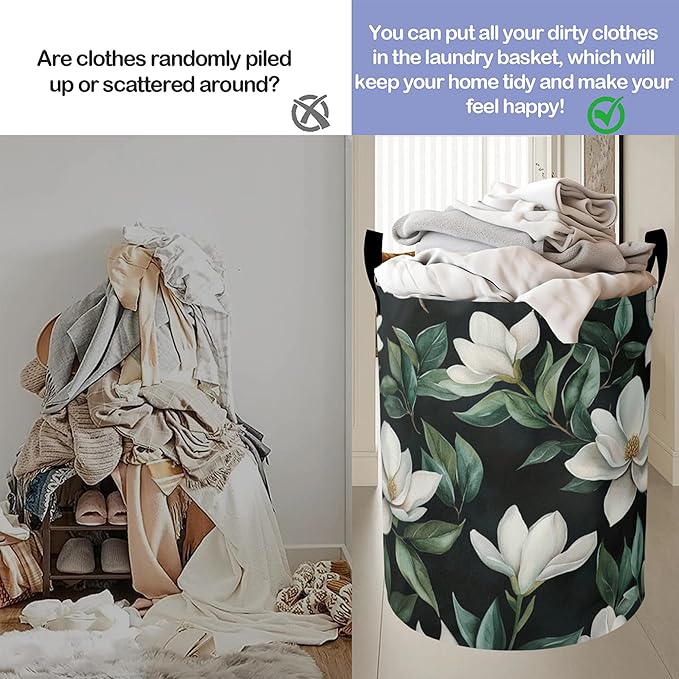 Vintage Magnolia Laundry Basket-Large Foldable Hamper Holder Portable Tall Collapsible Laundry Hamper Storage Basket Bin with Handles, Canvas & Waterproof lining for Household Items