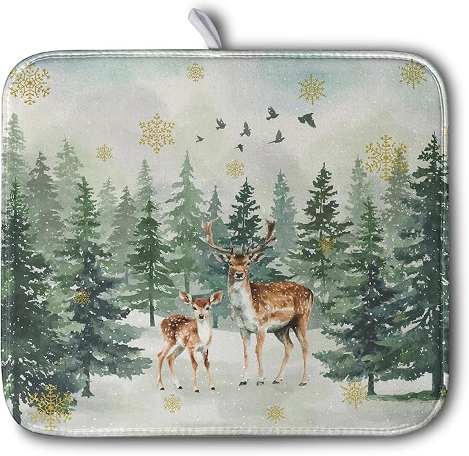 Kwlegh Reindeer Tree Snowflakes Christmas Dish Drying Mats for Kitchen Counter 16x18 Inch Winter Forest Dish Drainer Mats Absorbent Reversible Dish Draining Microfiber Dishes Drying Pad
