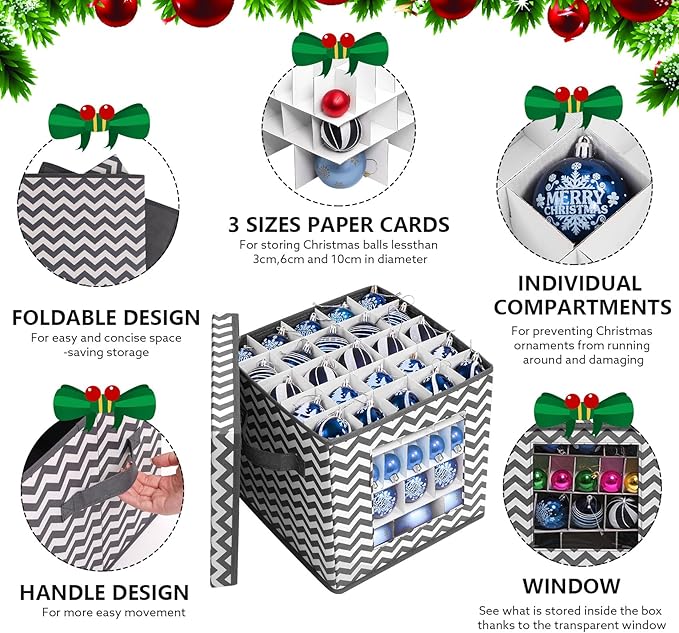 2 Pack Ornament Storage Box Set, Xmas Ornament Boxes for Storage, 166pcs Compartment for 3cm-10cm Christmas Balls, Christmas Decoration Organizer with Carry Handle & Transparent Window, 30x30x30cm