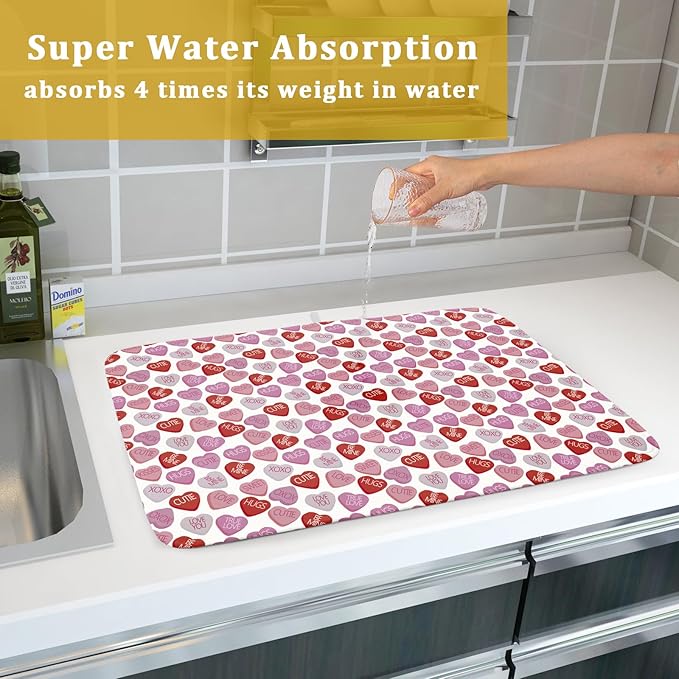 Valentine’s Day Dish Drying Mat for Kitchen Counter 24x18 Inch Pink Love Drying Mat with Absorbent Reversible Microfiber Holiday Dish Drainer Mats Rack Pad for Coffee Countertop Protector