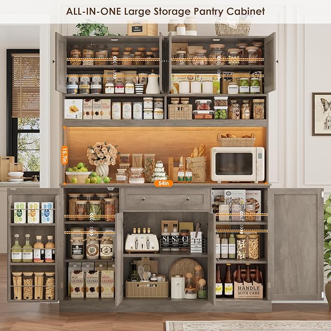 HIFIT 72.8” Tall Kitchen Pantry Cabinet with LED & Charging Station, 55” Wide Farmhouse Pantry Storage Cabinet with Microwave Stand&Shelves&Barn Doors, Kitchen Hutch Coffee Bar for Living Room, Grey